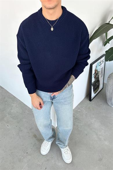 Lacivert Örme Desen Oversize Triko Kazak