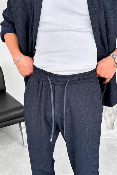 Lacivert Örme Desenli Relaxed Pantolon