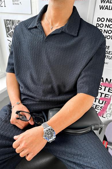 Lacivert Örme Desenli Relaxed Polo Yaka Tişört