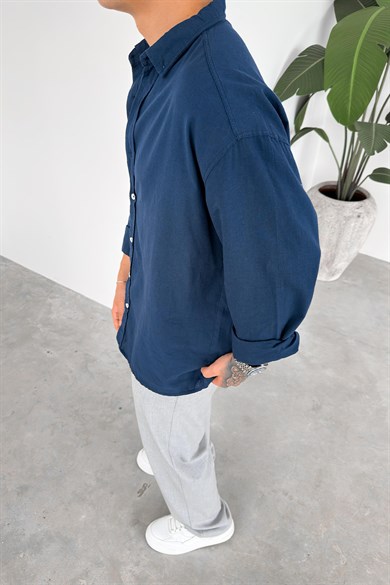 Lacivert Oversize Fresh Keten Gömlek