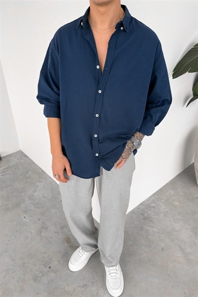 Lacivert Oversize Fresh Keten Gömlek