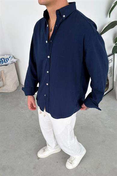 Lacivert Oversize Fresh Keten Gömlek