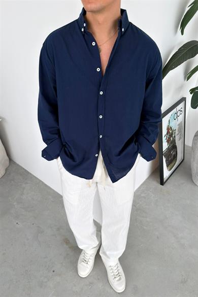 Lacivert Oversize Fresh Keten Gömlek