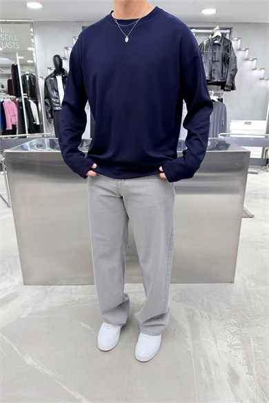 Lacivert Oysh Kumaş Uzun Kollu Oversize Tişört