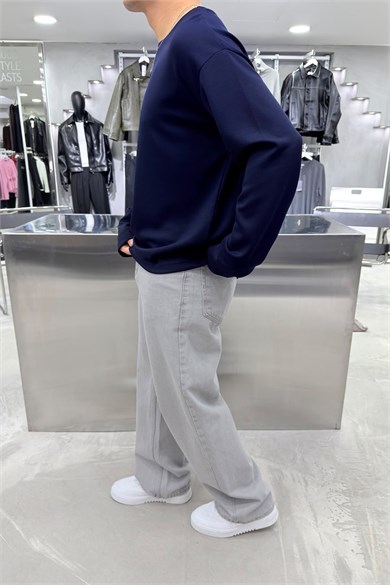 Lacivert Oysh Kumaş Uzun Kollu Oversize Tişört