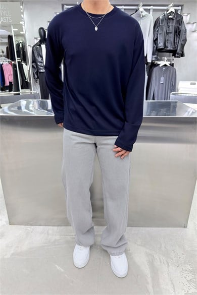 Lacivert Oysh Kumaş Uzun Kollu Oversize Tişört