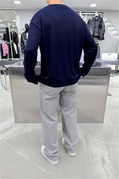 Lacivert Oysh Kumaş Uzun Kollu Oversize Tişört