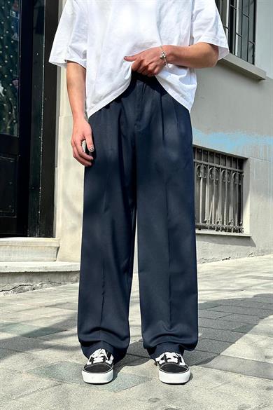 Lacivert Pile Detaylı Kumaş 65 GO Baggy Pantolon