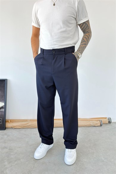 Lacivert Pileli Baggy Fit Kumaş Pantolon