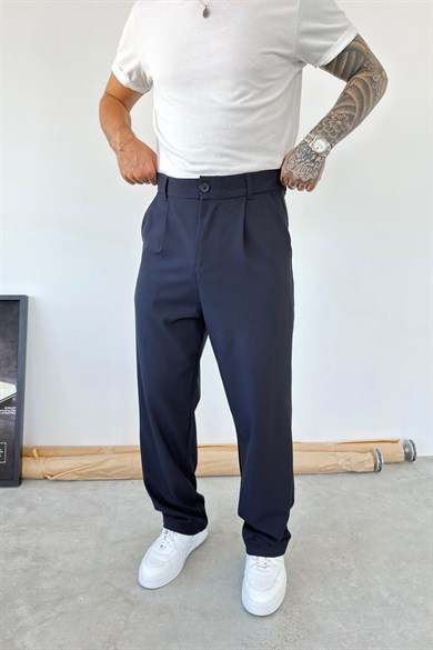 Lacivert Pileli Baggy Fit Kumaş Pantolon