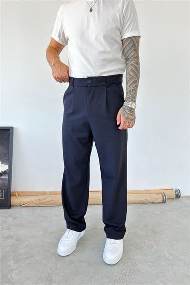Lacivert Pileli Baggy Fit Kumaş Pantolon