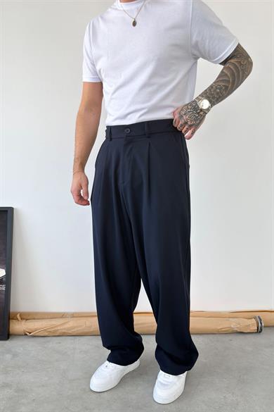 Lacivert Pileli Baggy Kumaş Pantolon