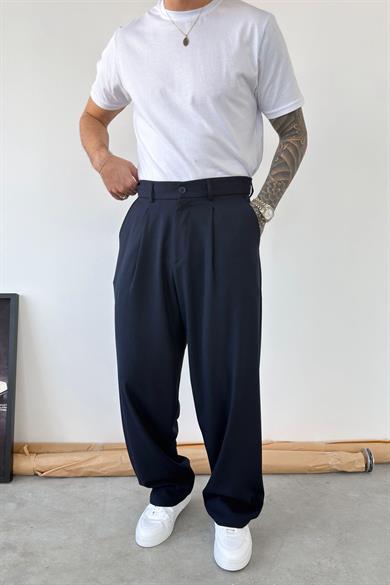 Lacivert Pileli Baggy Kumaş Pantolon