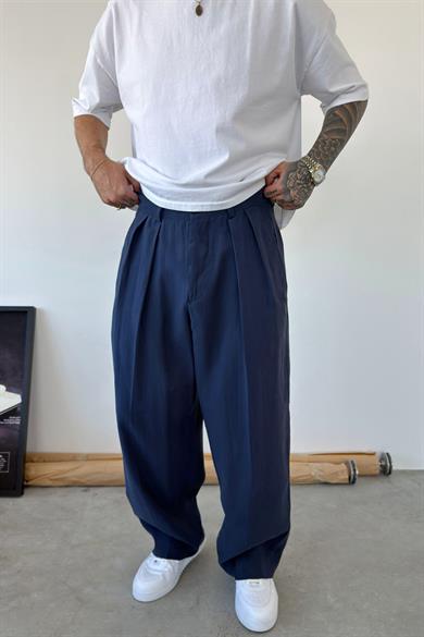 Lacivert Pileli Modal Kumaş Baggy Pantolon