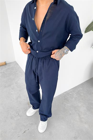 Lacivert Premium Keten Basic Baggy Pantolon