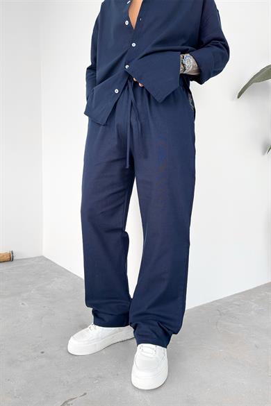 Lacivert Premium Keten Basic Baggy Pantolon