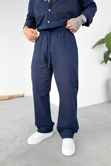 Lacivert Premium Keten Basic Baggy Pantolon