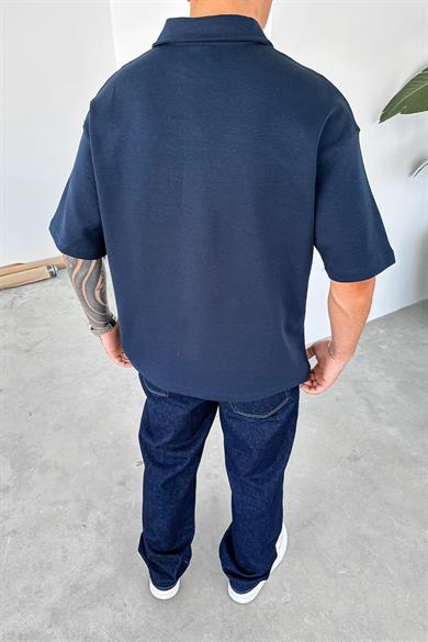 Lacivert Quit Place Baskı Detay Oversize Polo Yaka Tişört