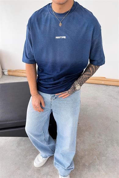 Lacivert Restore Batik Yıkamalı Oversize Tişört