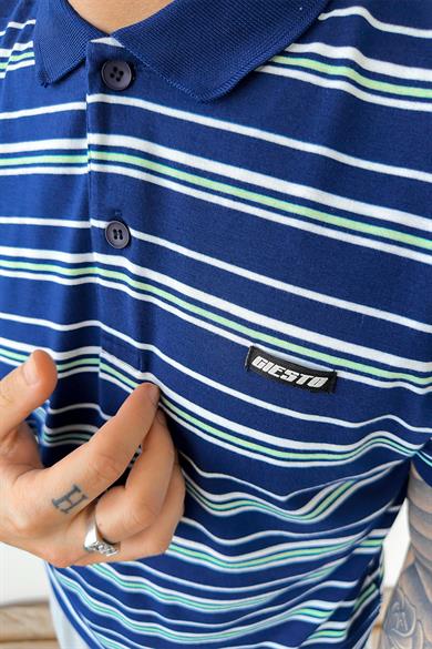 Lacivert Retro Çizgili Regular Polo Yaka Tişört