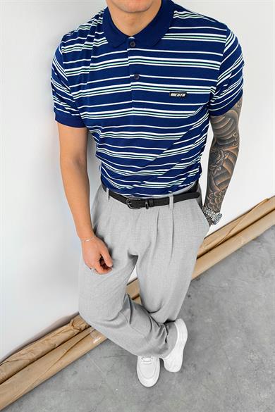 Lacivert Retro Çizgili Regular Polo Yaka Tişört