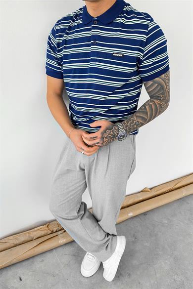 Lacivert Retro Çizgili Regular Polo Yaka Tişört