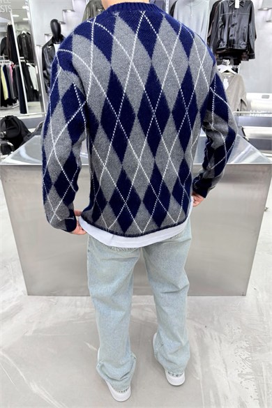 Lacivert Retro Soft Line Baklava Desenli Kazak