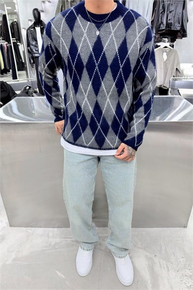 Lacivert Retro Soft Line Baklava Desenli Kazak