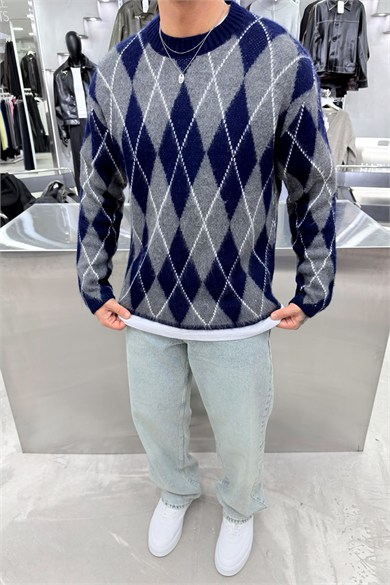 Lacivert Retro Soft Line Baklava Desenli Kazak