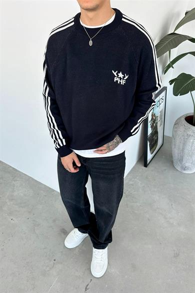 Lacivert Şerit Detay Baskılı Oversize Sweat