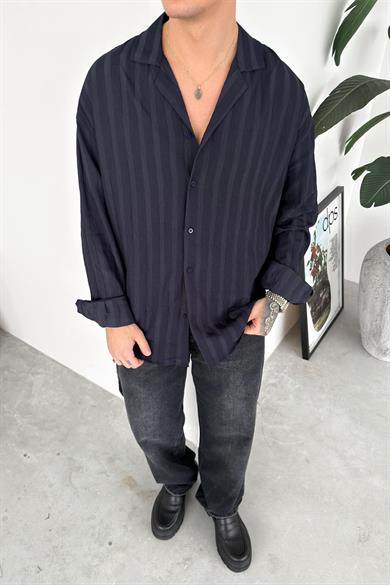Lacivert Şerit Detay Relaxed Gömlek