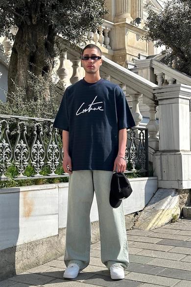 Lacivert Şeritli Cout Nakış Detay BS Oversize Tişört