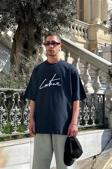 Lacivert Şeritli Cout Nakış Detay BS Oversize Tişört