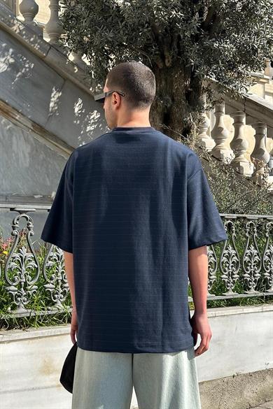 Lacivert Şeritli Cout Nakış Detay BS Oversize Tişört