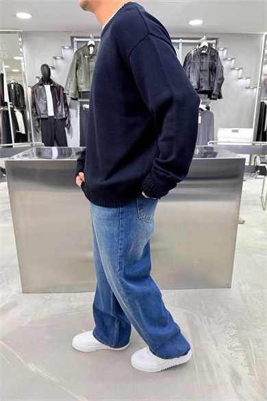 Lacivert South Baskılı Oversize Kazak