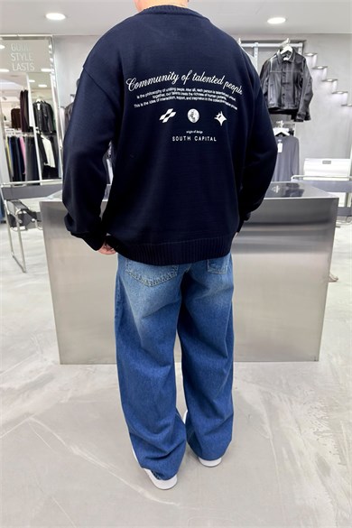 Lacivert South Baskılı Oversize Kazak