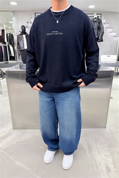 Lacivert South Baskılı Oversize Kazak