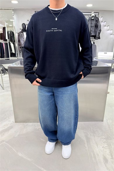 Lacivert South Baskılı Oversize Kazak