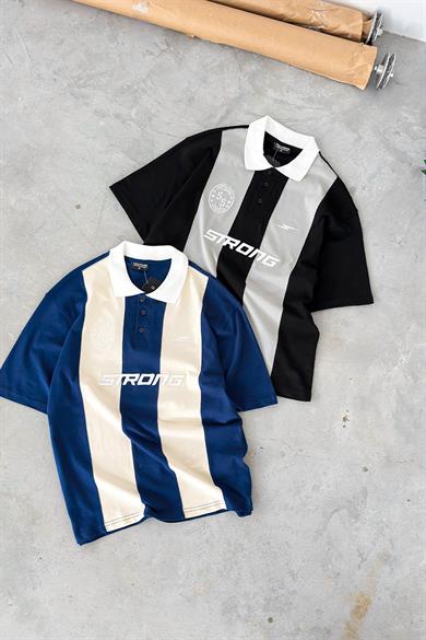Lacivert Strong Nakış Detay Oversize Polo Yaka Tişört