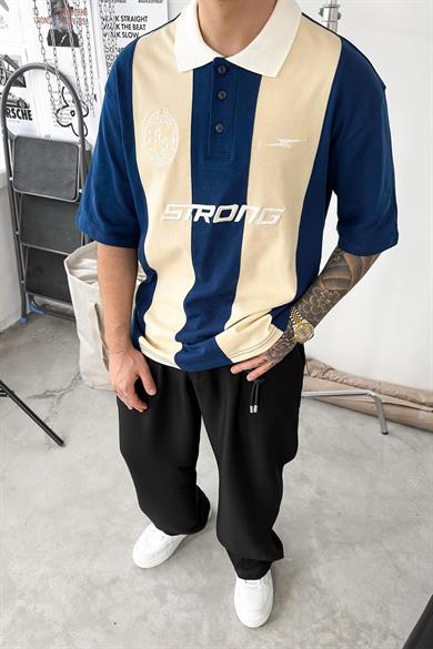 Lacivert Strong Nakış Detay Oversize Polo Yaka Tişört
