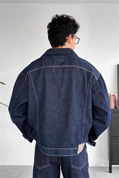 Lacivert Tasarım Cepli Oversize Kot Ceket