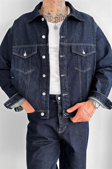 Lacivert Tasarım Cepli Oversize Kot Ceket
