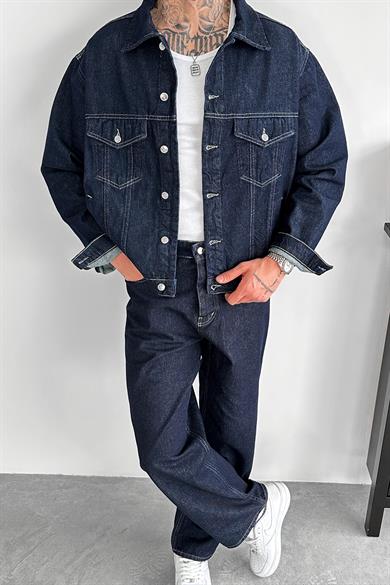 Lacivert Tasarım Cepli Oversize Kot Ceket