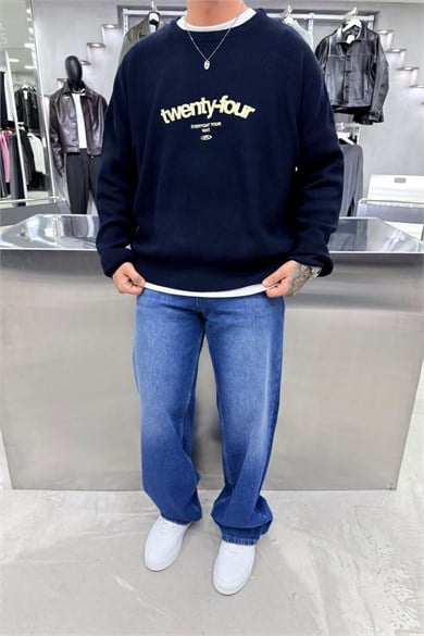 Lacivert Twenty Four Baskılı Boxy Fit Kazak