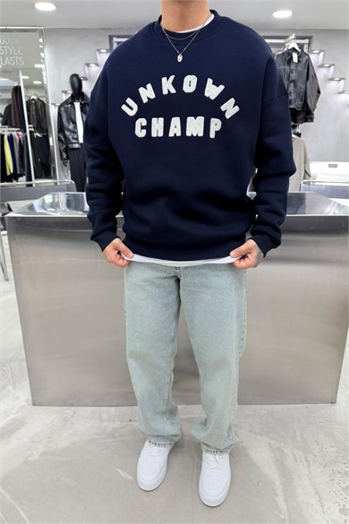 Lacivert Unkown Nakışlı Oversize Sweatshirt