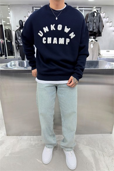 Lacivert Unkown Nakışlı Oversize Sweatshirt