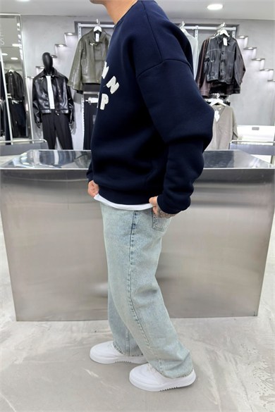 Lacivert Unkown Nakışlı Oversize Sweatshirt