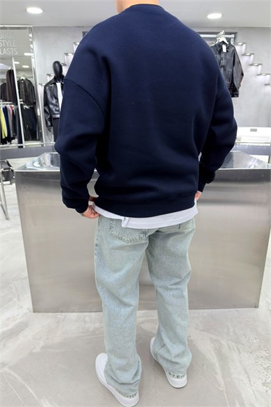 Lacivert Unkown Nakışlı Oversize Sweatshirt