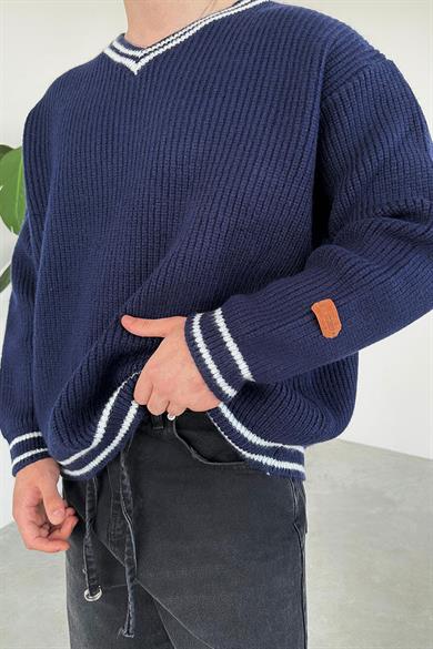 Lacivert V Yaka Triko Oversize Kazak