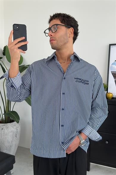 Lacivert Vintage Colege Oversize Gömlek
